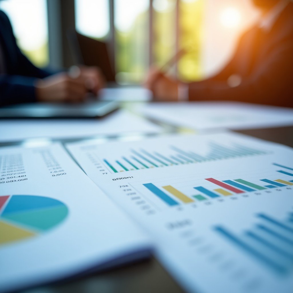 Close-up of financial investment documents with a warm office light, focused depth of field, high quality photography, natural setting, no text, 4:3 aspect ratio.