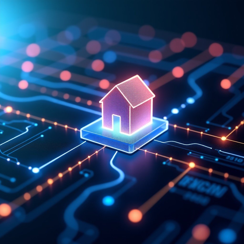 Abstract representation of digital infrastructure and real estate integration, glowing light connections, professional aesthetic, realistic lighting, no text, 1:1 aspect ratio.