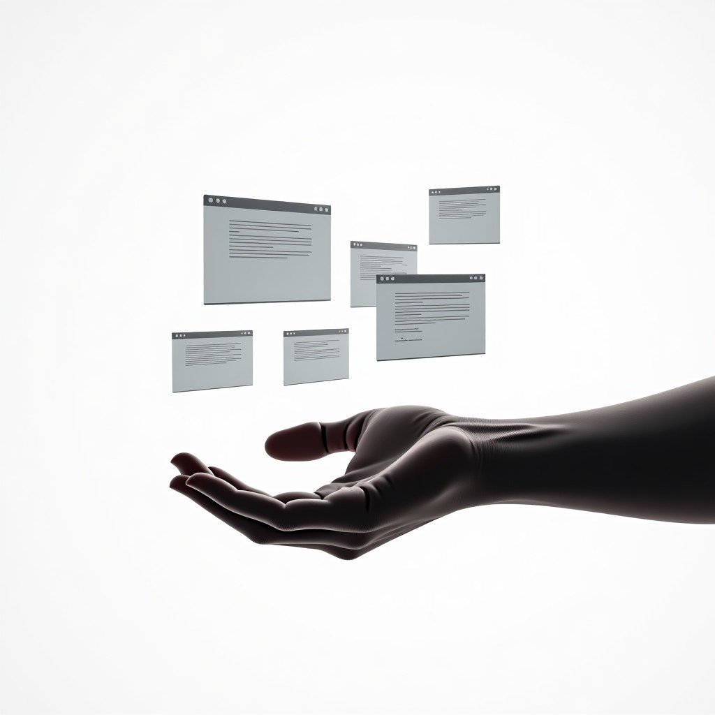 A minimalist concept of a digital workspace where multiple computer windows and software tasks are being managed by an invisible hand, clean professional style, 4:3 ratio.