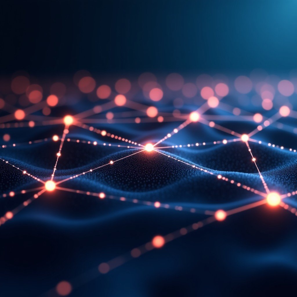 An abstract visual representation of data streams and artificial intelligence integration, glowing nodes connecting, dark aesthetic background, 4:3 ratio.