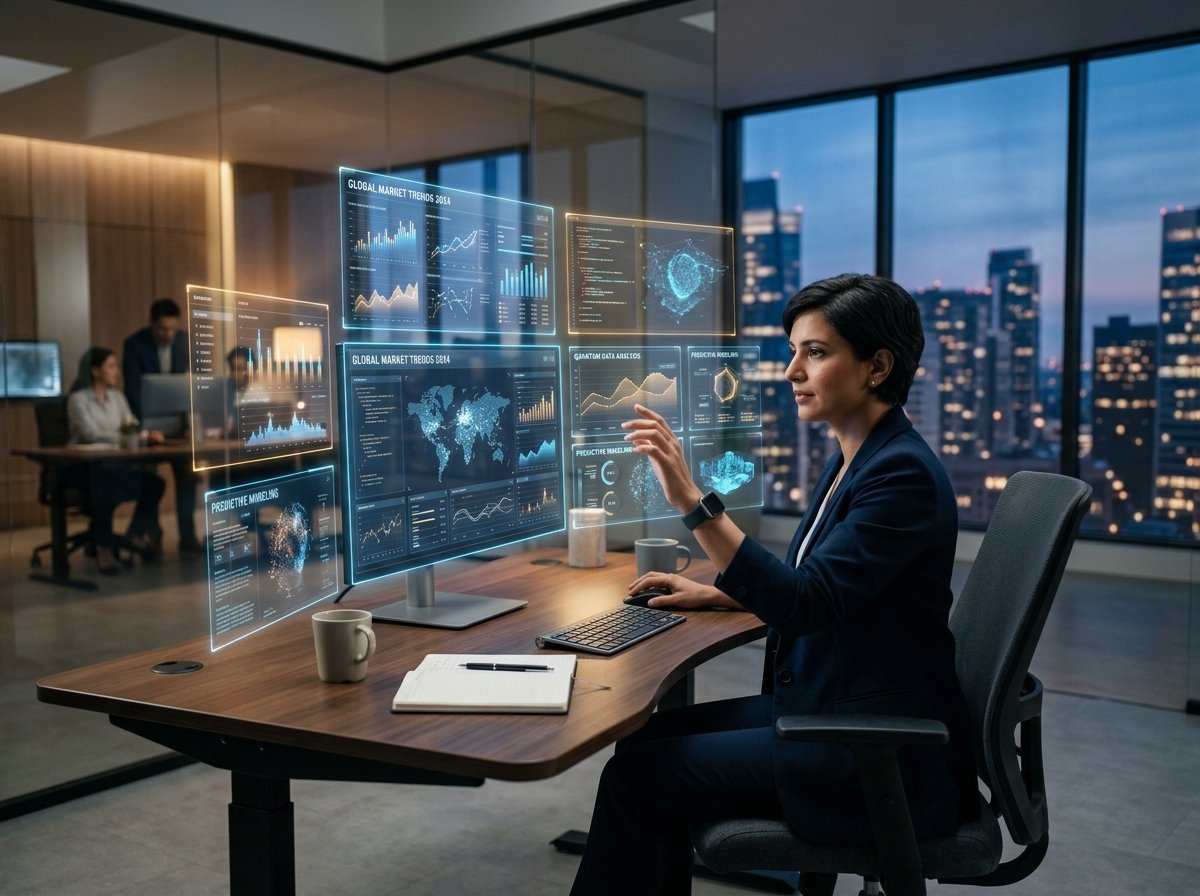 데이터 시각화와 기술적 성장을 상징하는 미래형 사무공간