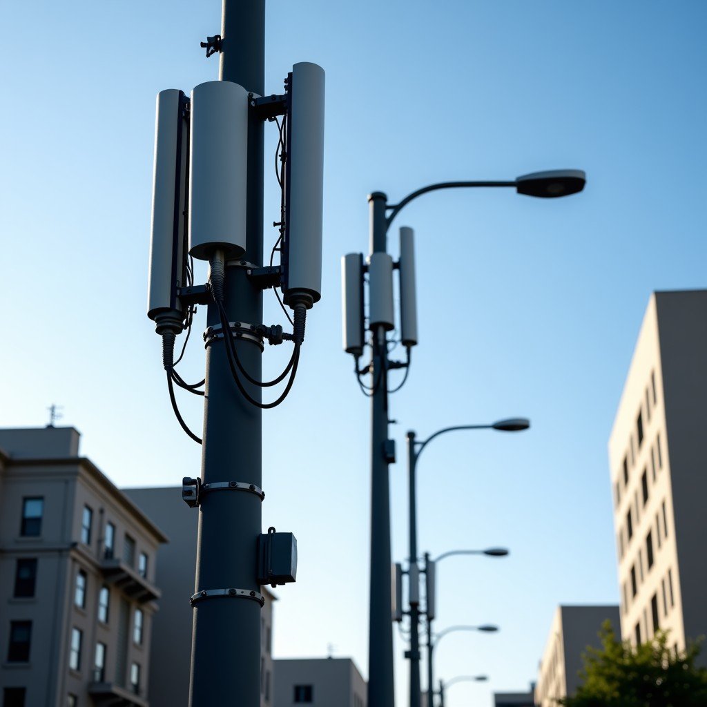 Modern outdoor telecommunications infrastructure with fiber optic equipment, clear day, high quality urban photography, 16:9 aspect ratio.