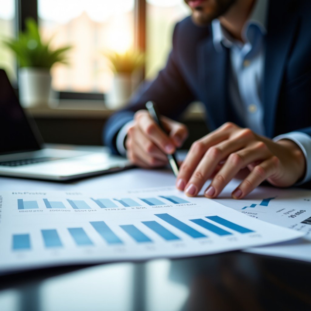 A professional office environment with graphs and business documents showing financial decline, serious mood, natural office lighting, 4:3