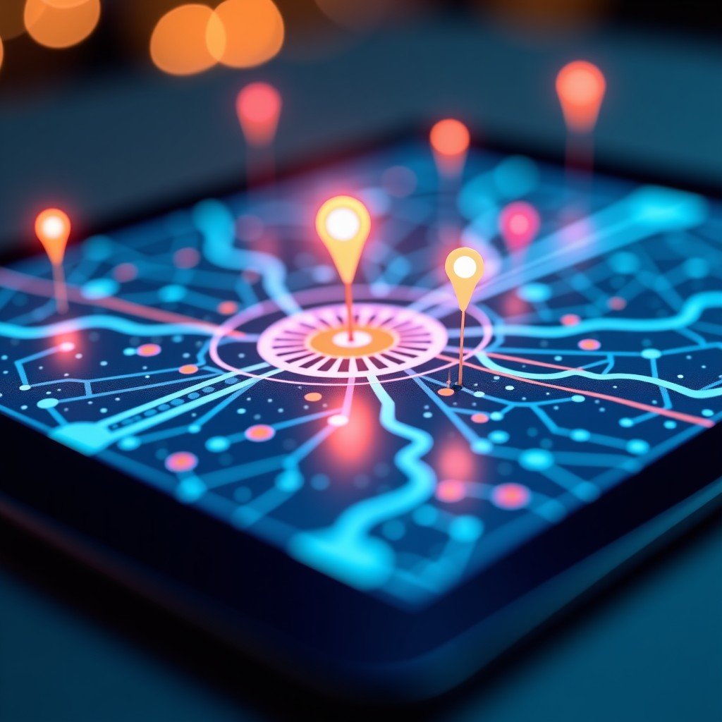 Futuristic navigation concept on a tablet, overlaying digital maps with AI interaction icons, vibrant colors, shallow depth of field, 4:3 aspect ratio.