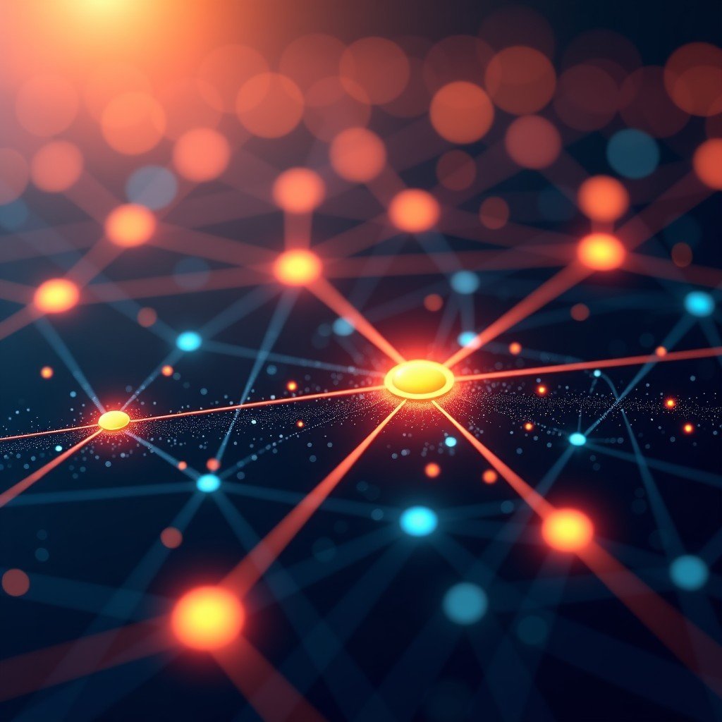 Abstract representation of digital map connectivity with nodes and data flow, warm glow, high-tech aesthetic, 1:1 aspect ratio.