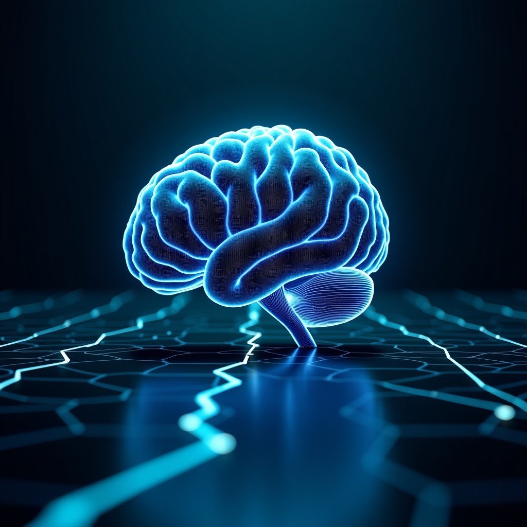 A conceptual visualization of an AI brain structure being analyzed by digital military scanners, dark background with glowing lines, cinematic lighting, 1:3