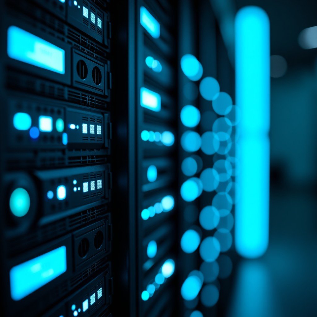 Close up shot of server racks and fiber optic cables illuminated with soft cyan light representing modern data infrastructure 4:3