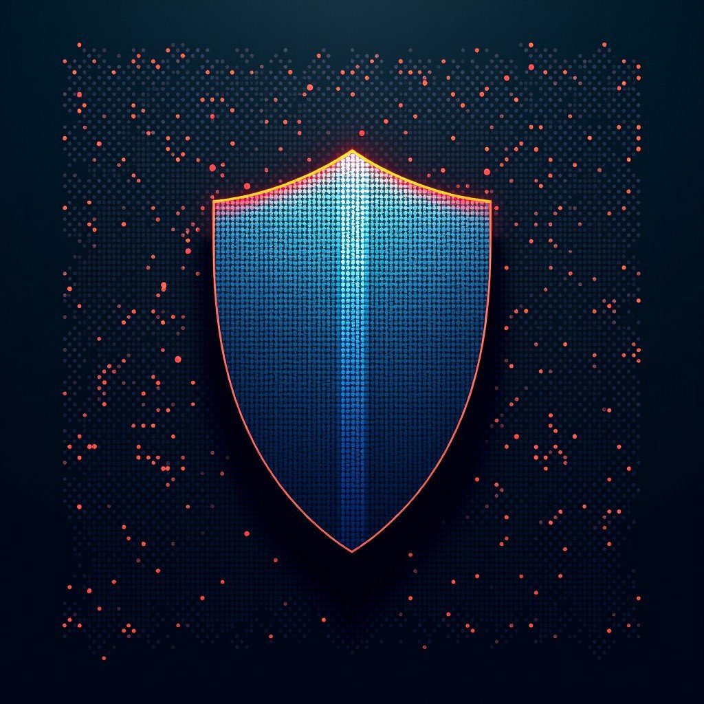 A abstract composition of shields and binary code patterns overlaying a tactical satellite map aesthetic style 4:3