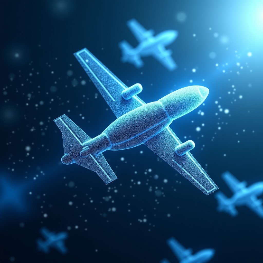 Abstract representation of digital neural networks overlapping with mechanical military drone silhouettes, blue and steel gray color palette, high tech aesthetic, 4:3