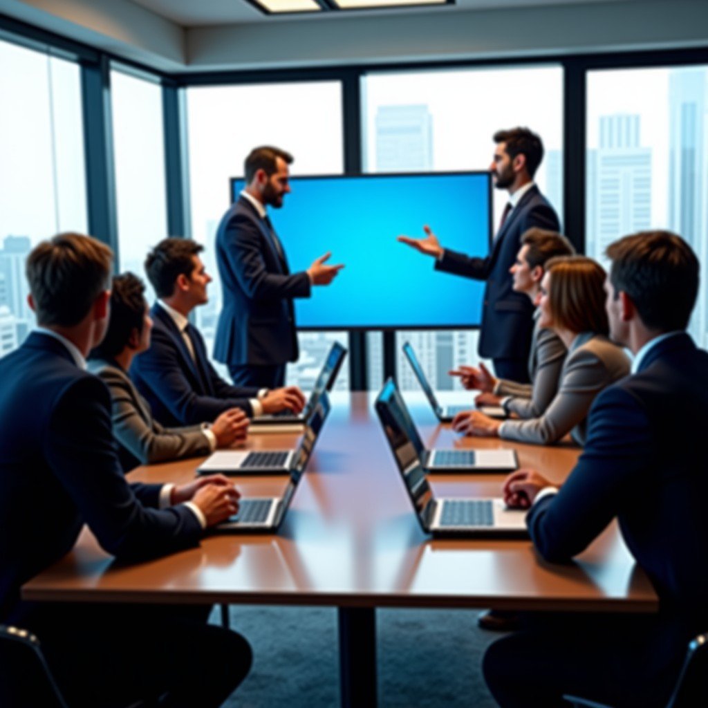 Diverse group of people in suits discussing in a modern boardroom, focusing on digital screens, professional photography, natural lighting, 4:3