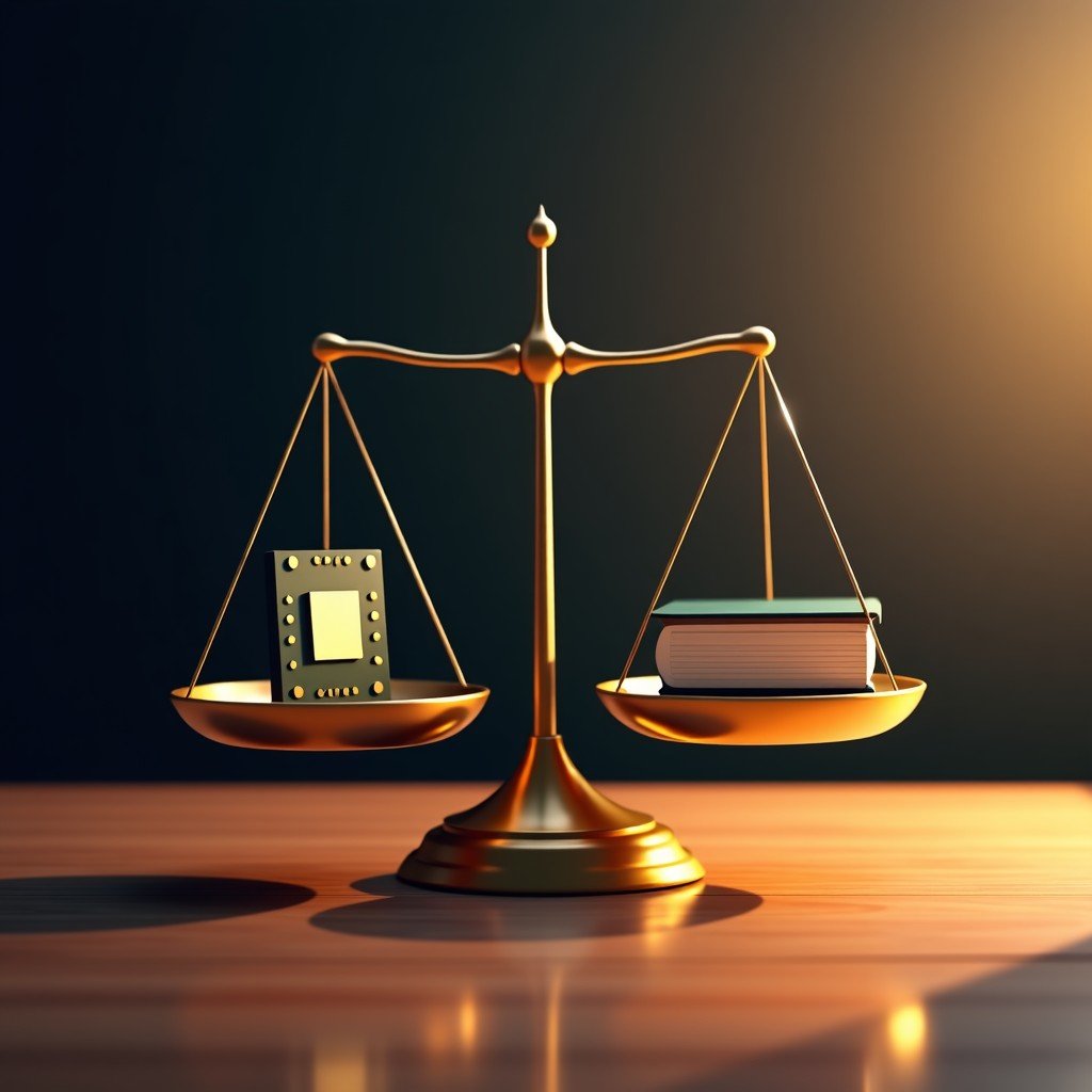 Conceptual art of a balanced scale with a computer chip on one side and a law book on the other, elegant lighting, professional studio setup, 4:3