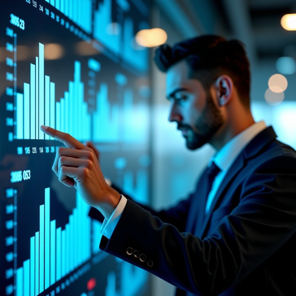A business professional analyzing data trends on a digital glass board, serious tone, high-end corporate style, 16:9 aspect ratio.