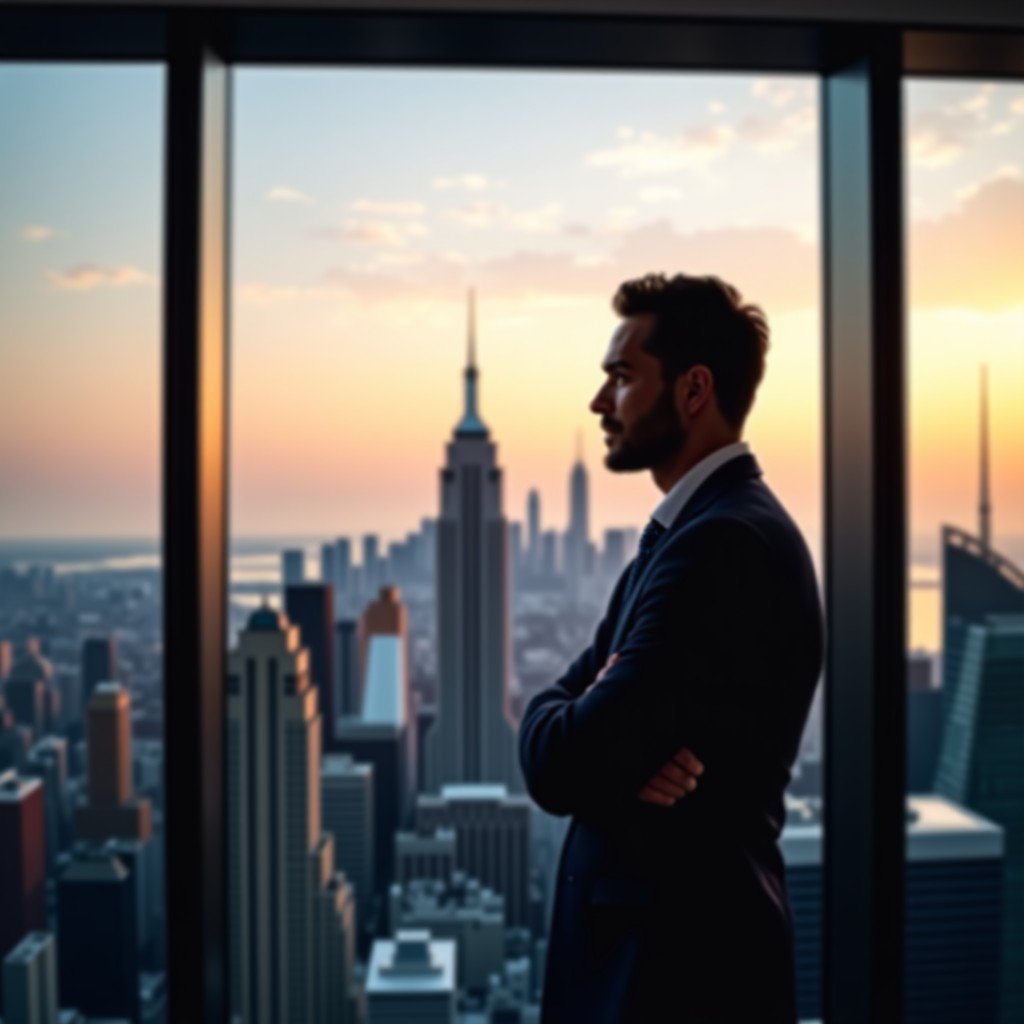 A realistic portrait of a high-net-worth individual looking at a modern cityscape from a high-rise office, thoughtful expression, warm lighting, cinematic style, 4:3 aspect ratio