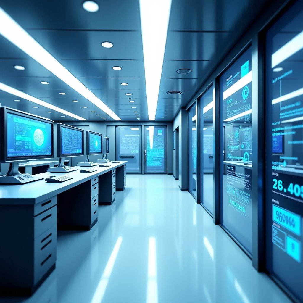 Modern technology research laboratory with advanced digital interfaces, clean and sterile environment, futuristic aesthetic, bright lighting, 4:3 aspect ratio