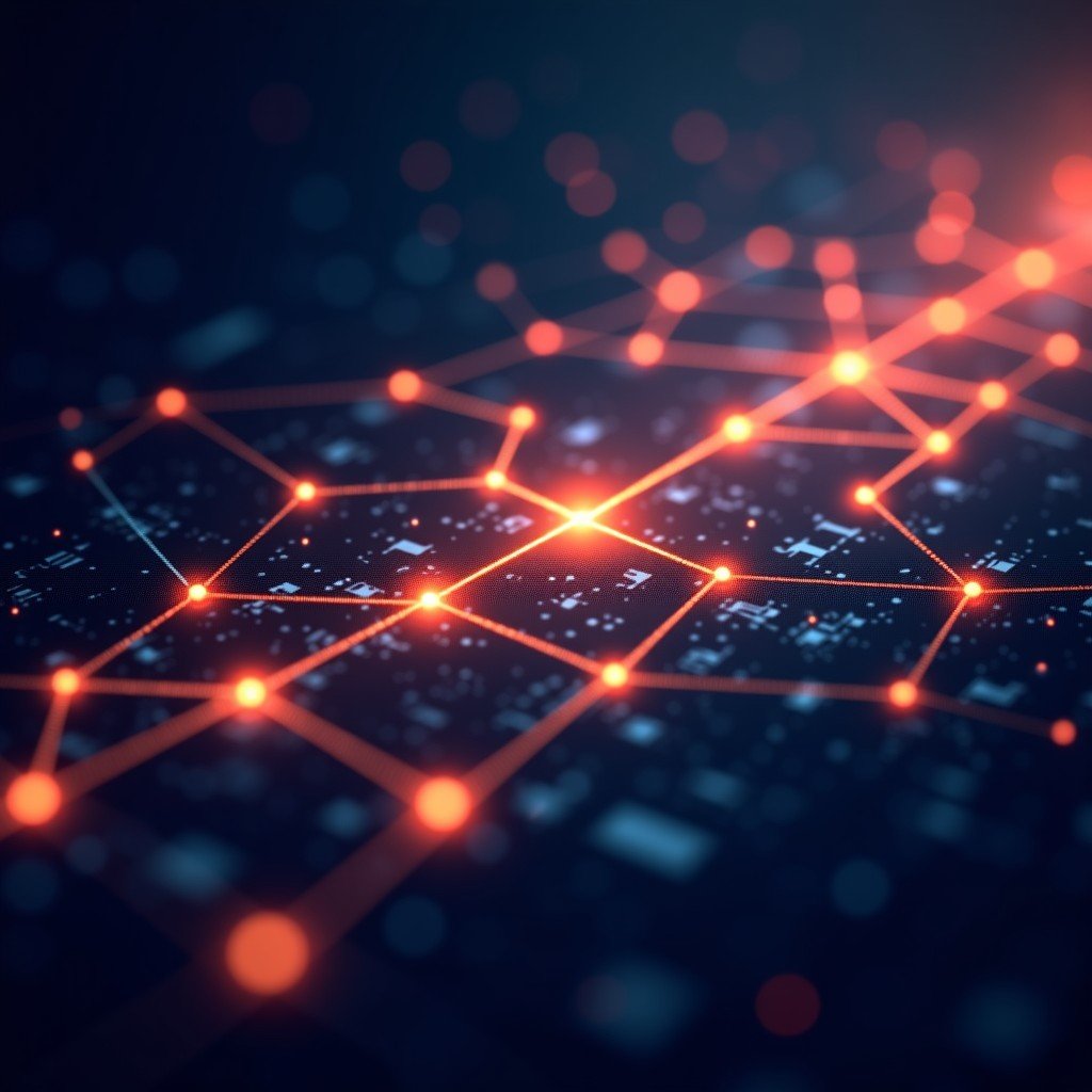 Abstract representation of wealth flow and social impact, connected nodes and glowing light paths, dark background with vibrant accents, professional composition, 1:1 aspect ratio