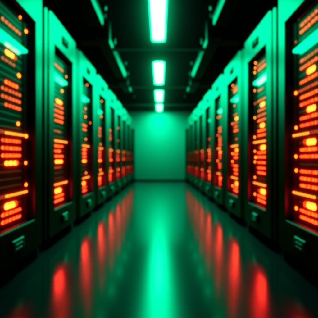 Abstract server room interior with multiple blinking green and red lights digital infrastructure concept 16:9
