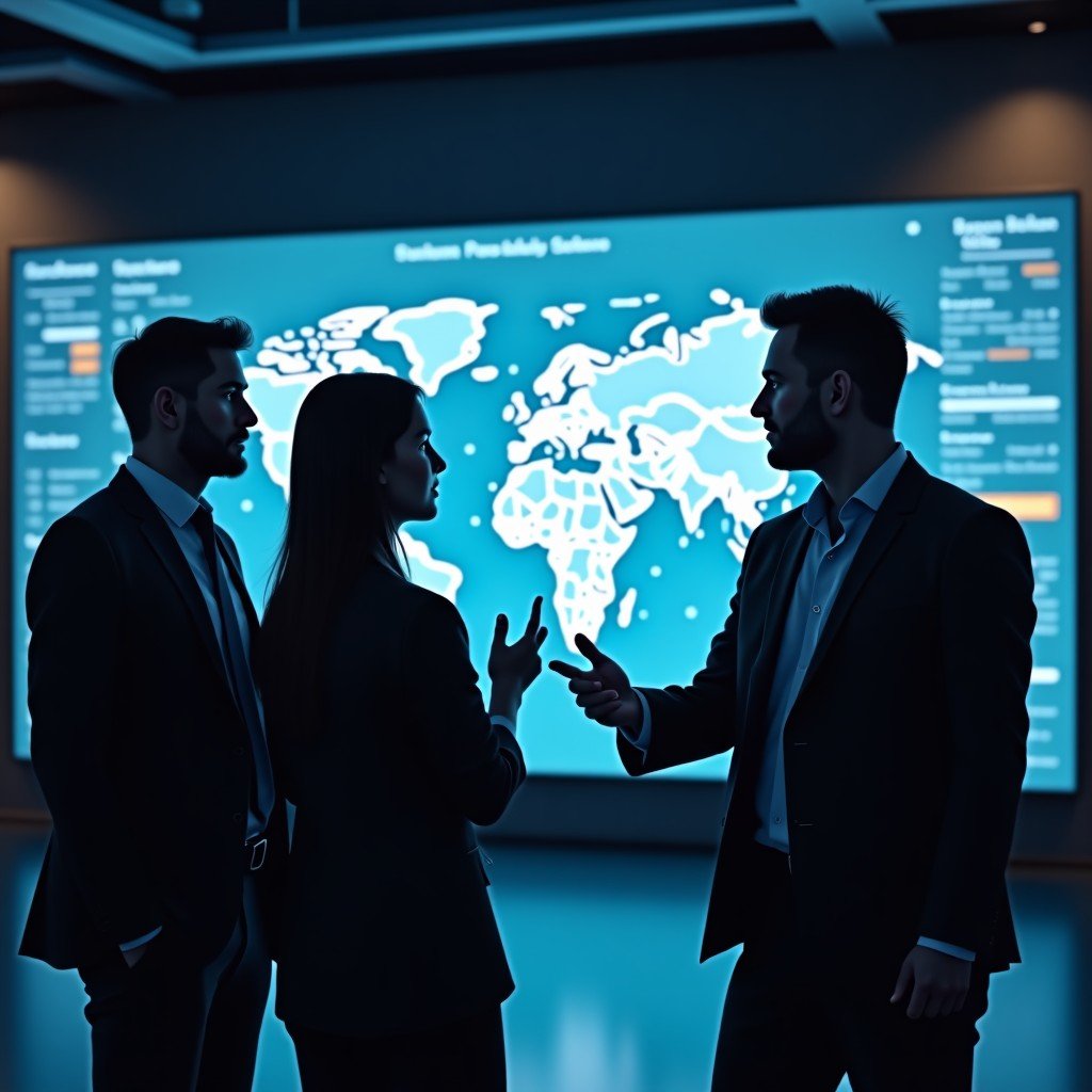 Professional business people discussing on a digital map in a high tech office dark theme with subtle light accents 16:9