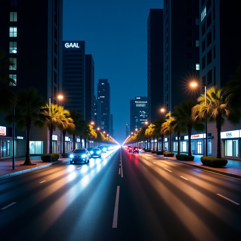 Street view of Dubai at night with minimal activity, quiet urban atmosphere, high contrast, 4:3