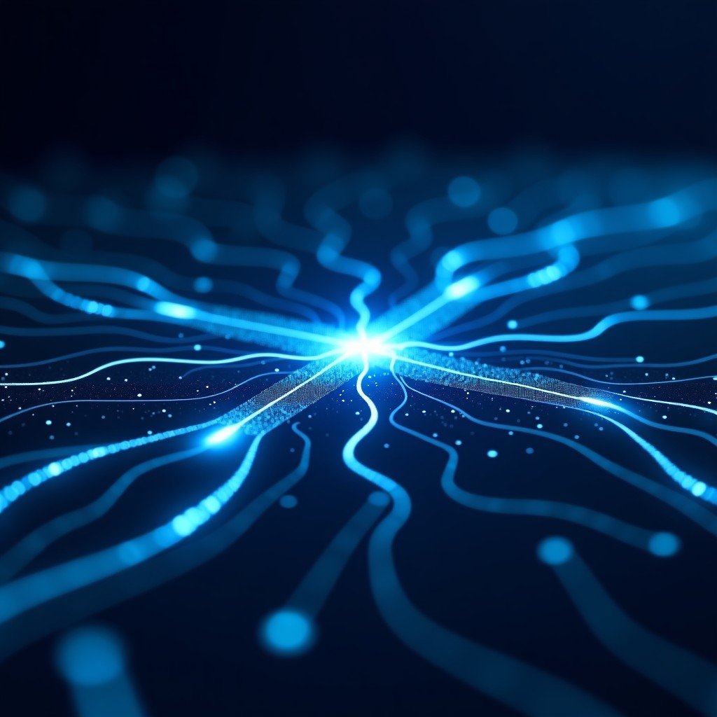 Futuristic artificial intelligence concept with abstract glowing neural network lines, dark blue background, professional tech aesthetic, high quality, 4:3