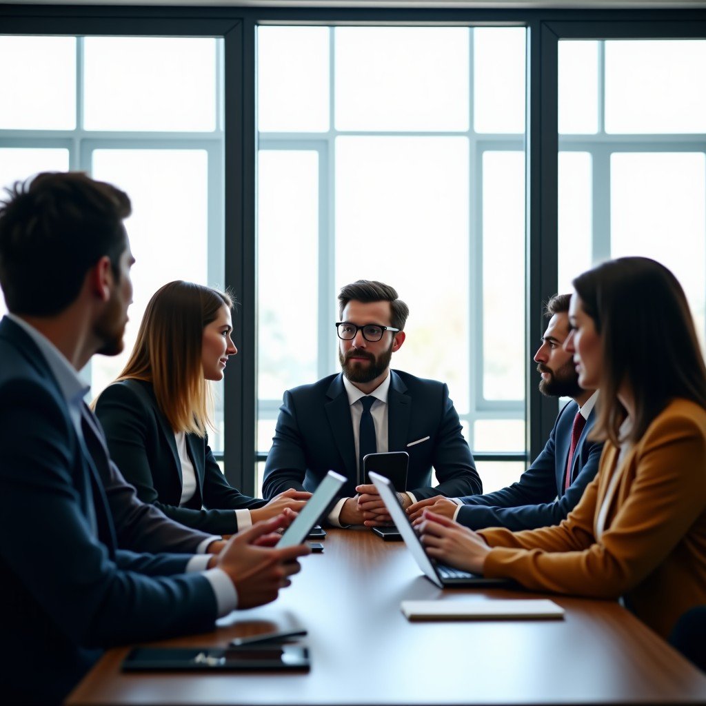 Modern office setting with diverse professionals discussing digital strategy, minimalist background, natural lighting, high quality, 4:3