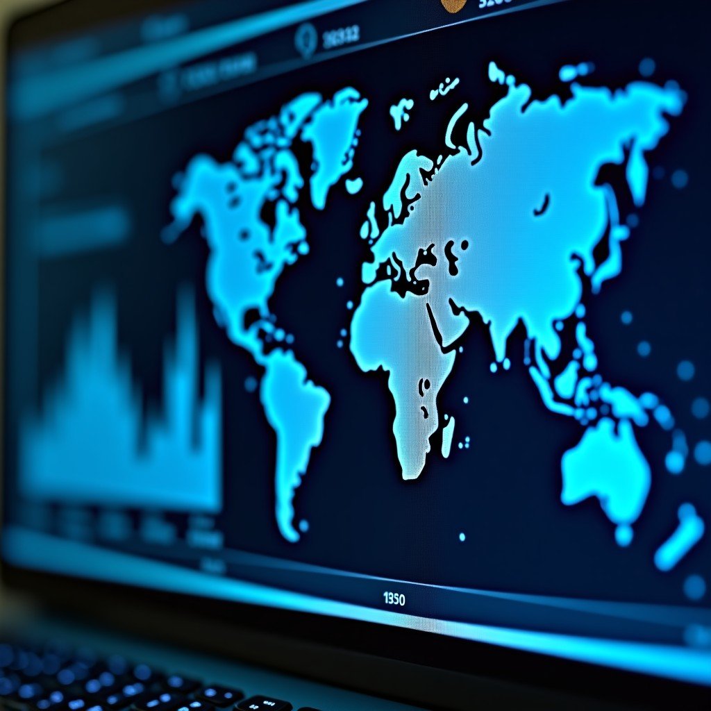 Close up of a digital screen displaying complex global economic trends, sophisticated analytical environment, clean composition, 4:3