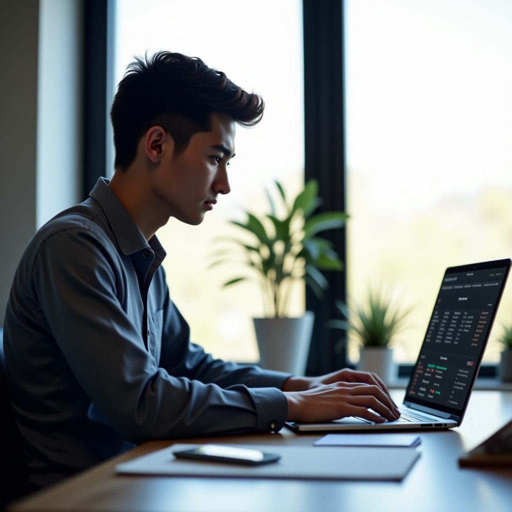 A young professional using multiple AI software tools on a laptop in a modern minimalist workspace, focused expression, bright natural light, realistic style, 4:3