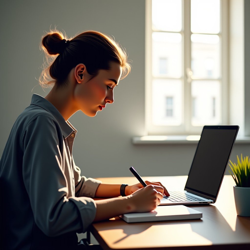 A focused person writing in a notebook near a laptop, clean desk setup, thoughtful atmosphere, bright and balanced lighting, realistic style, 4:3