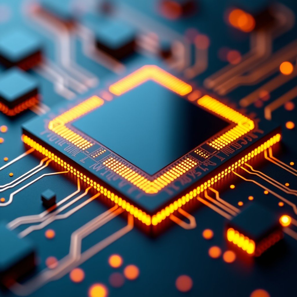 Macro shot of a futuristic microprocessor with intricate gold and silicon traces, professional product photography, 4:3