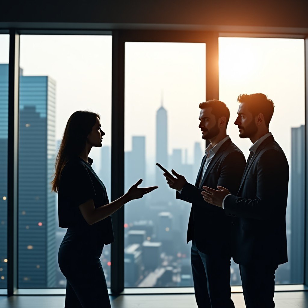 Business professionals discussing in a modern high-rise office with a view of a city, professional atmosphere, natural lighting, 4:3