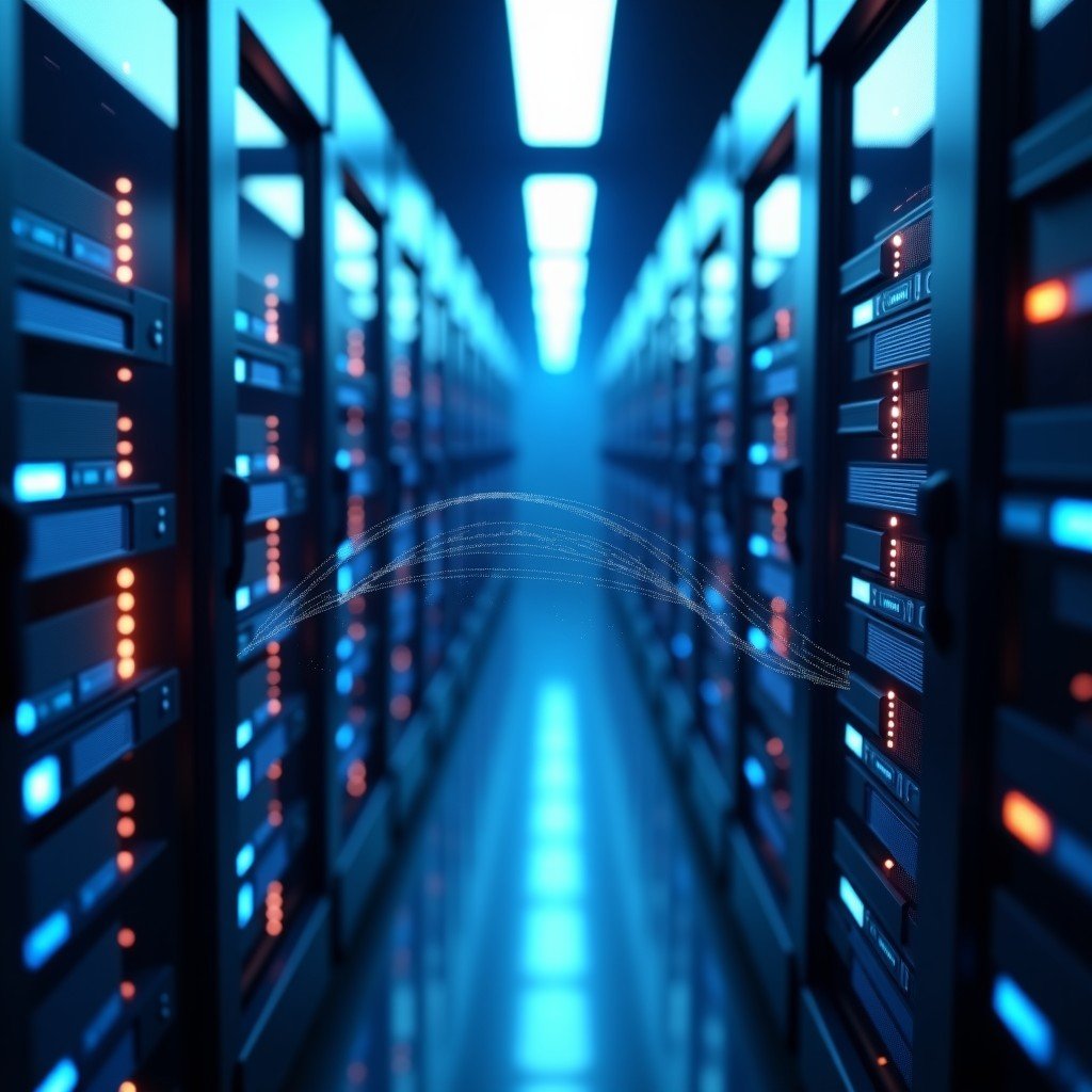 Abstract representation of server racks processing complex algorithms with digital particles floating, high-tech industrial aesthetic, 4:3