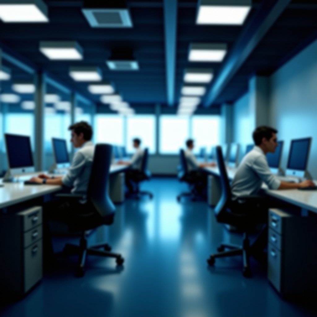 A modern office environment with blurred computer screens, business atmosphere, professional setting, cinematic lighting, 16:9 aspect ratio.