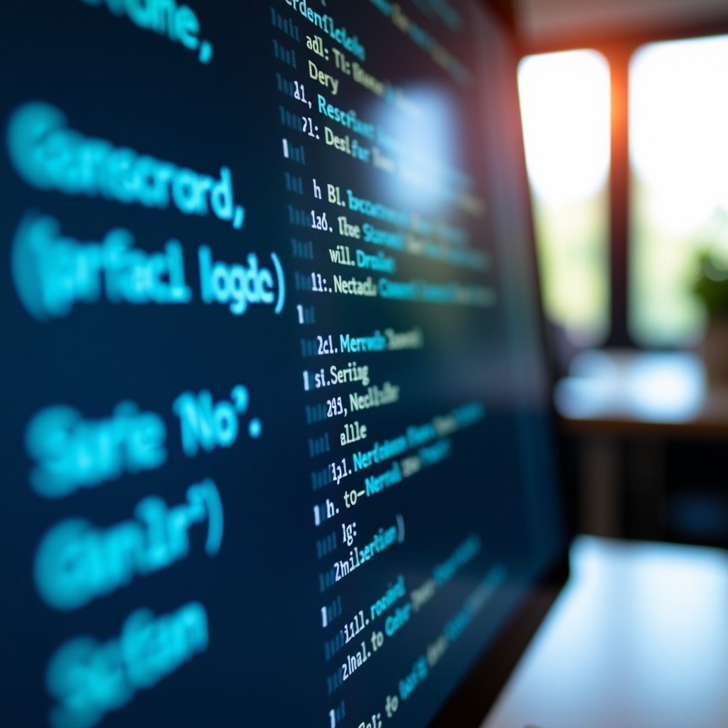 Close up of a modern software development interface on a screen with abstract code lines, blurred background, professional office desk setting, 16:9 aspect ratio.