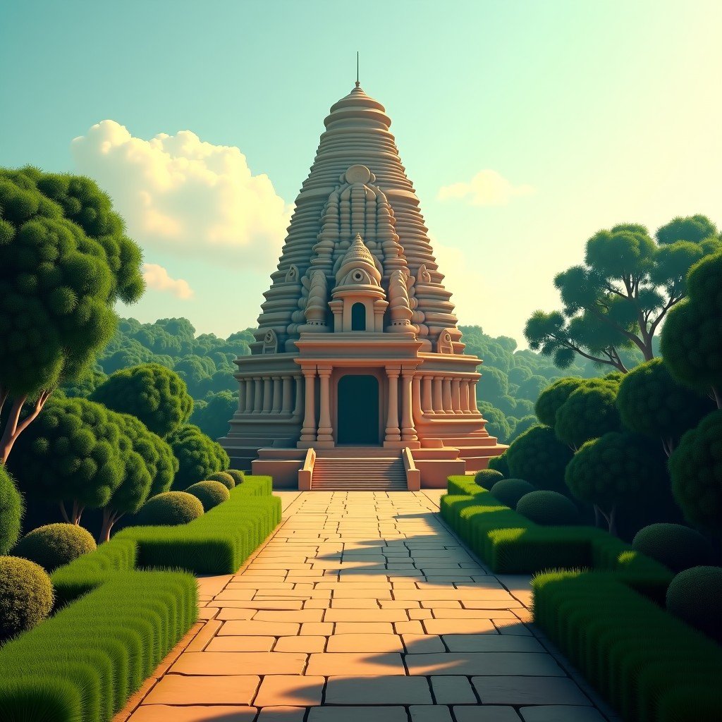A cinematic view of the Gangaikondacholapuram temple complex. The unique curved pyramid shape of the main shrine is prominent. Lush green surroundings, artistic rendering, 4:3.