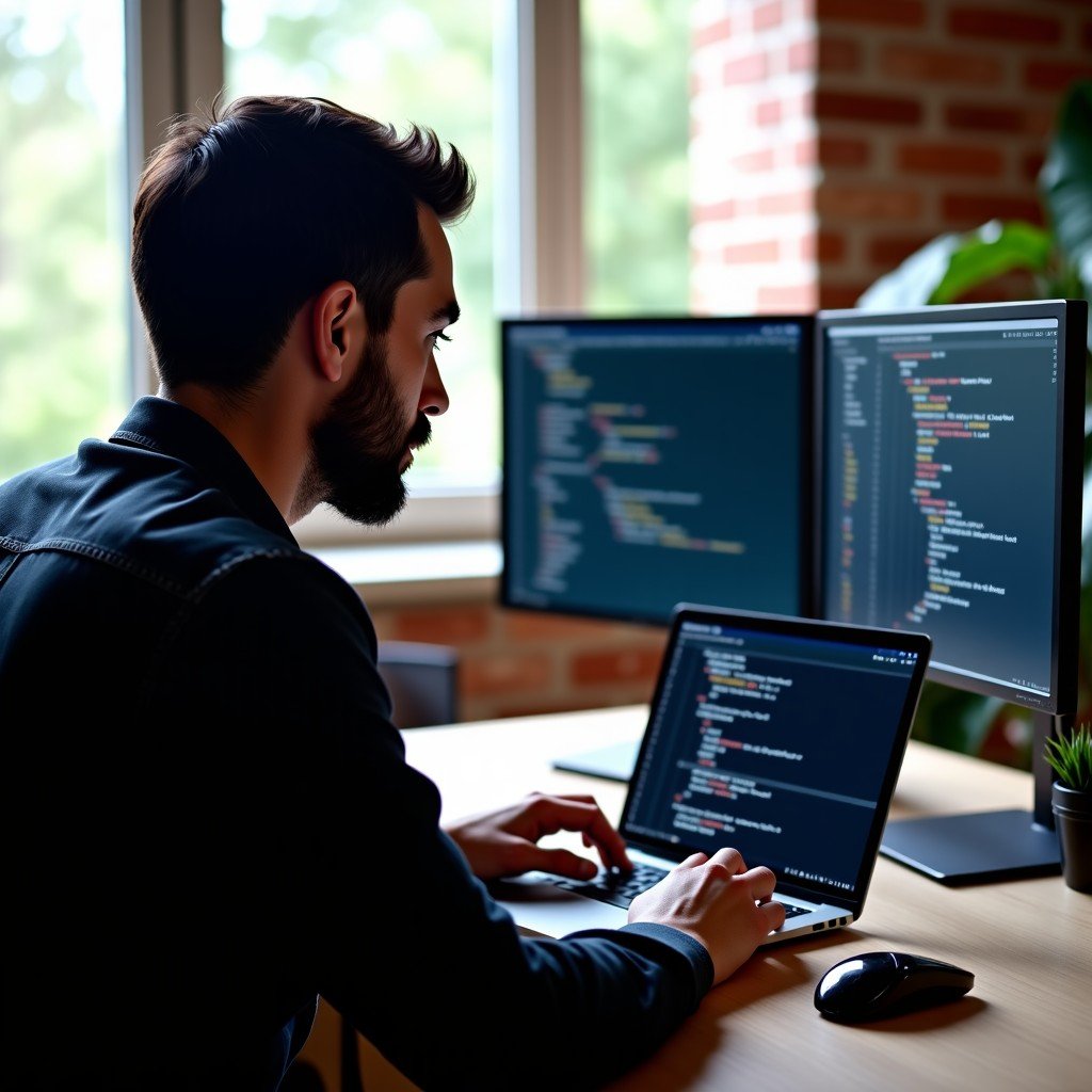 A professional developer working on a laptop with dual monitors showing side-by-side AI performance metrics and code, natural indoor lighting, focused atmosphere, 4:3