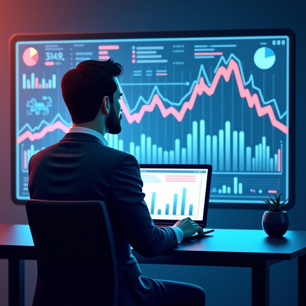 A conceptual illustration of a professional analyzing complex economic charts and data streams, vibrant lighting, clean composition, futuristic office background, 16:9 ratio.
