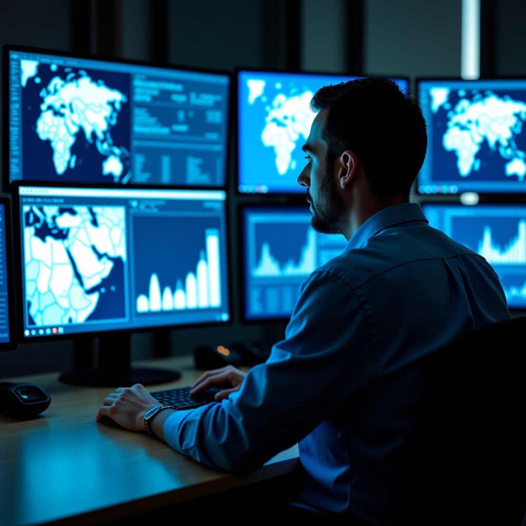 A professional analyst in a modern office looking at multiple digital screens displaying Middle East maps and complex financial data charts. High contrast lighting. 4:3
