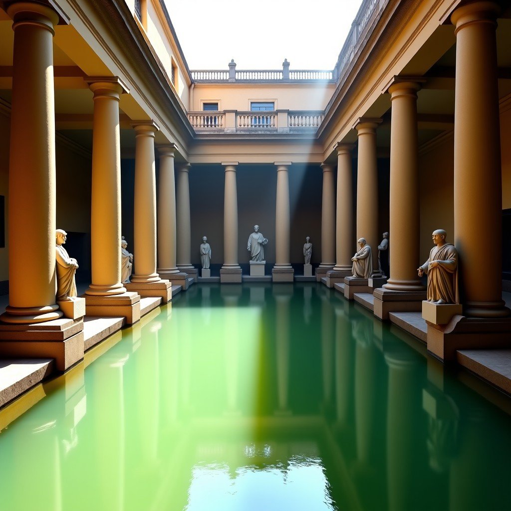 Interior of the Roman Baths in Bath, green thermal water reflecting ancient stone columns and Roman emperor statues, historical museum atmosphere, soft natural lighting from above, 1:1