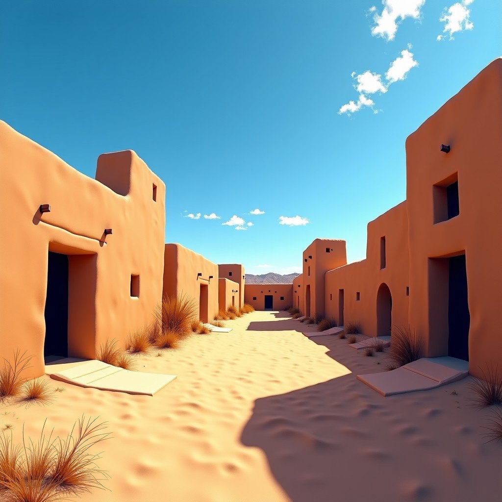 Wide angle shot of Chaco Culture National Historical Park ruins in New Mexico desert, sandstone masonry structures, clear blue sky, warm sunlight, artistic rendering, textured background. 4:3
