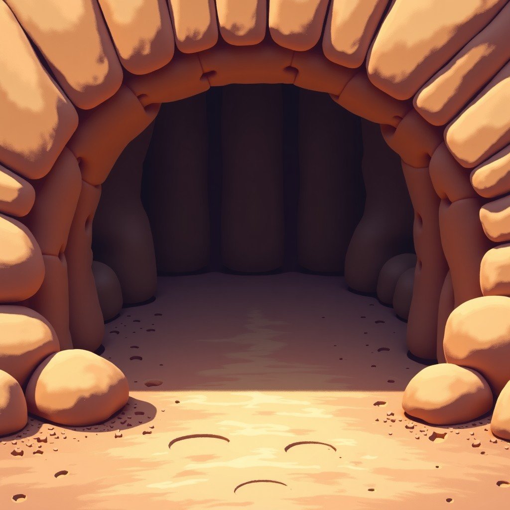 Close up of a circular underground Kiva, intricate stone walls, Chaco Culture historical site, earthy tones, natural lighting, illustration. 4:3