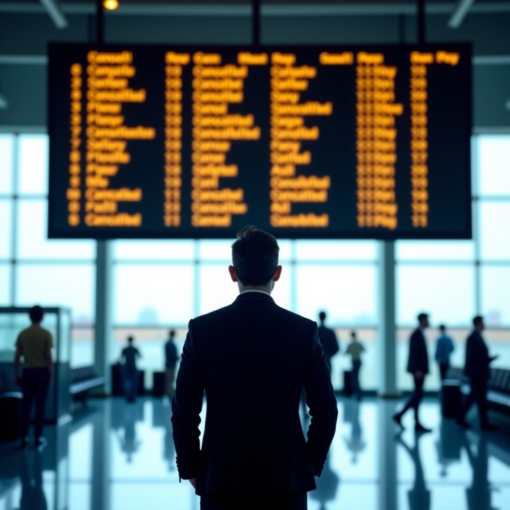 A back view of a person standing in a modern airport terminal, looking up at a large digital departure board showing many 'Cancelled' or 'Delayed' status messages. Natural lighting, high resolution, 4:3
