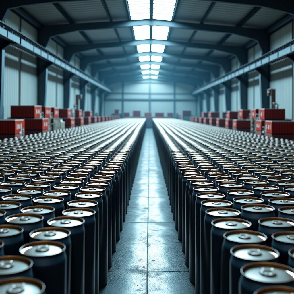 A large warehouse filled with thousands of excessive aluminum cans, industrial setting, realistic photography, showing the scale of production error. 4:3