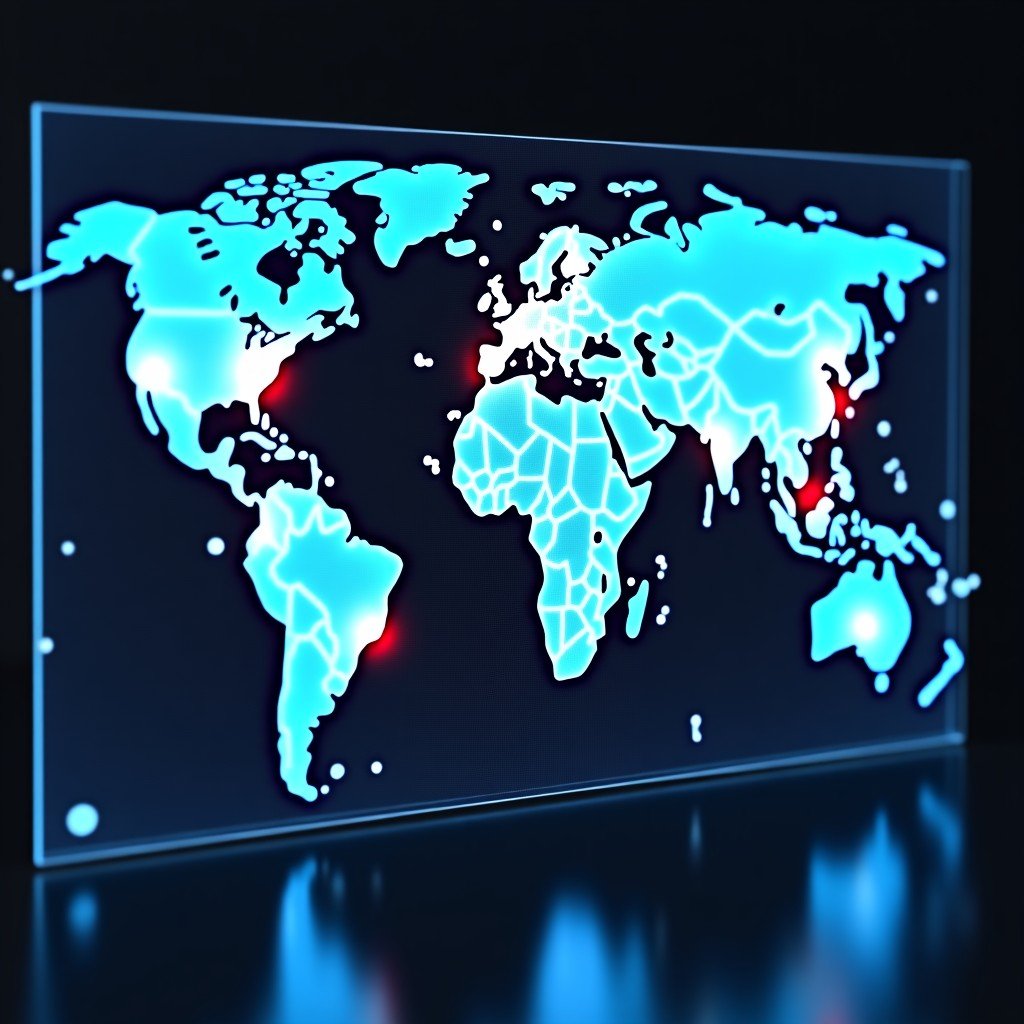 Tactical map interface on a large holographic screen, blue and red data points, technical and clean, 4:3