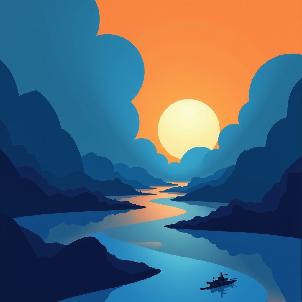 An illustration showing the tension between technological innovation and defense policy, sleek geometric shapes, cool blue and orange tones, 4:3.