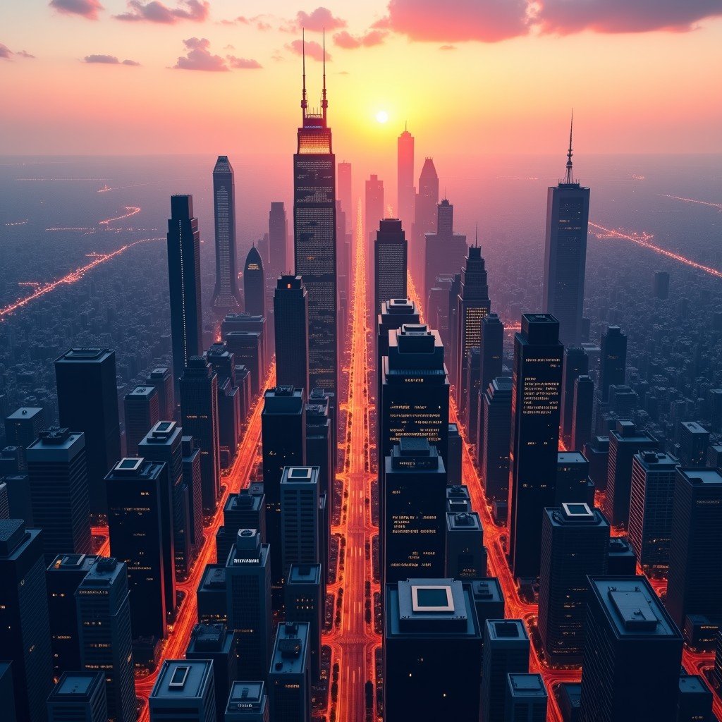 Aerial view of a modern metropolitan financial district, clean lines, sunset lighting, high resolution, 4:3