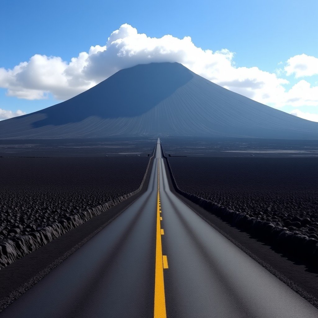 A long straight road cutting through a vast field of black hardened lava in Hawaii Volcanoes National Park, 4:3