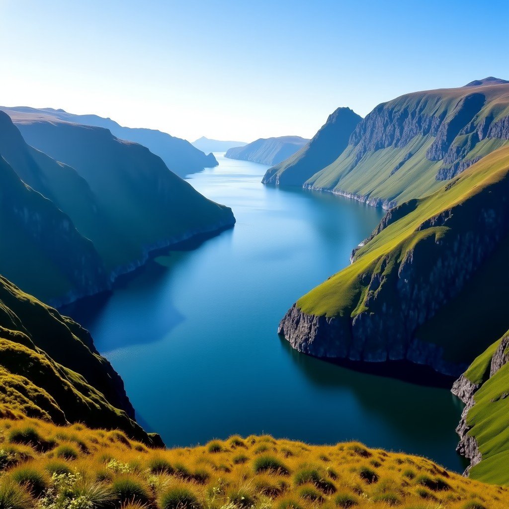 A breathtaking wide-angle view of Gros Morne National Park in Newfoundland Canada featuring deep blue water fjords surrounded by towering green cliffs under a clear sky with soft sunlight. high contrast nature photography. 4:3