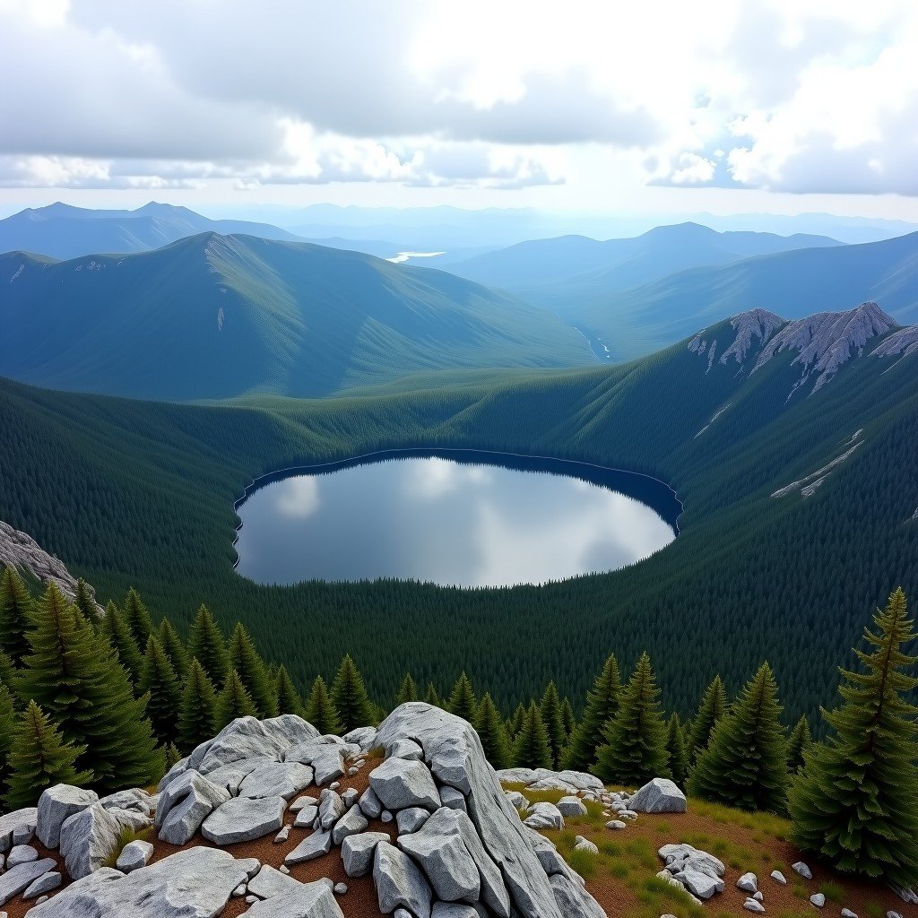 Aerial perspective from the summit of Gros Morne Mountain looking down at Ten Mile Pond and the surrounding wilderness of Newfoundland. Hiking trail visible in the distance. 4:3