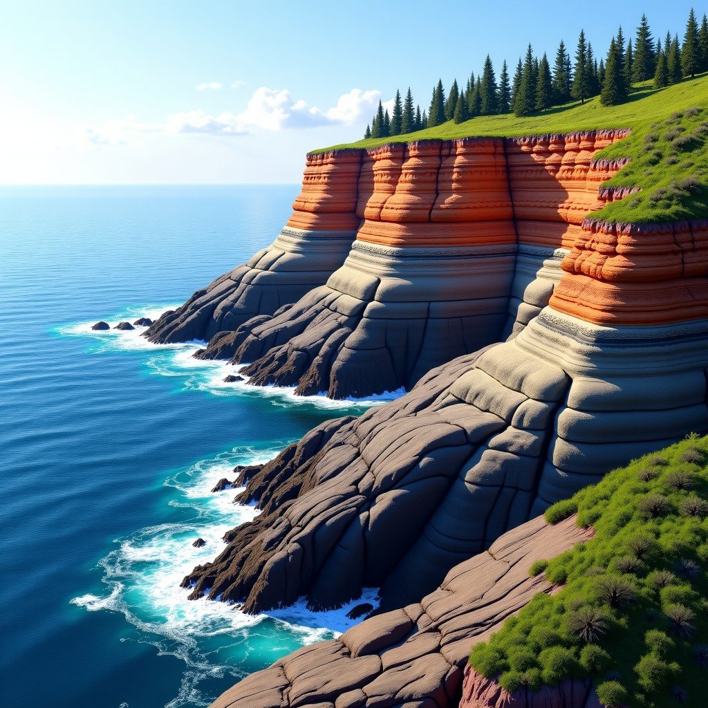 Detailed view of the coastal rock layers at Green Point Gros Morne. Sedimentary rock strata showing millions of years of geological history at the edge of the Atlantic Ocean. 1:1