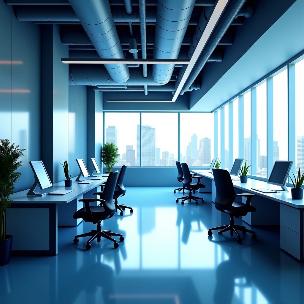 A futuristic office environment showcasing high-tech development, sharp focus, clean modern architecture with data visualization aesthetics, 4:3.