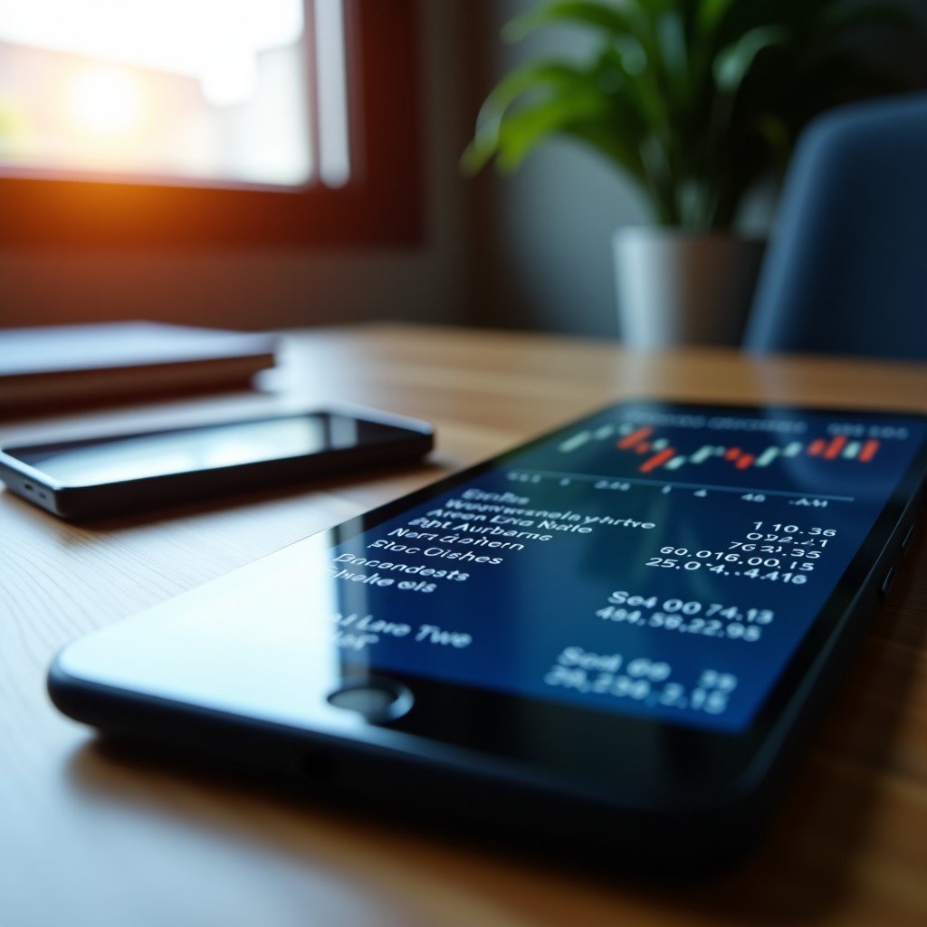 A close-up of a modern smartphone and tablet displaying breaking financial news headlines about global market crashes and oil prices. Soft warm office lighting. 4:3
